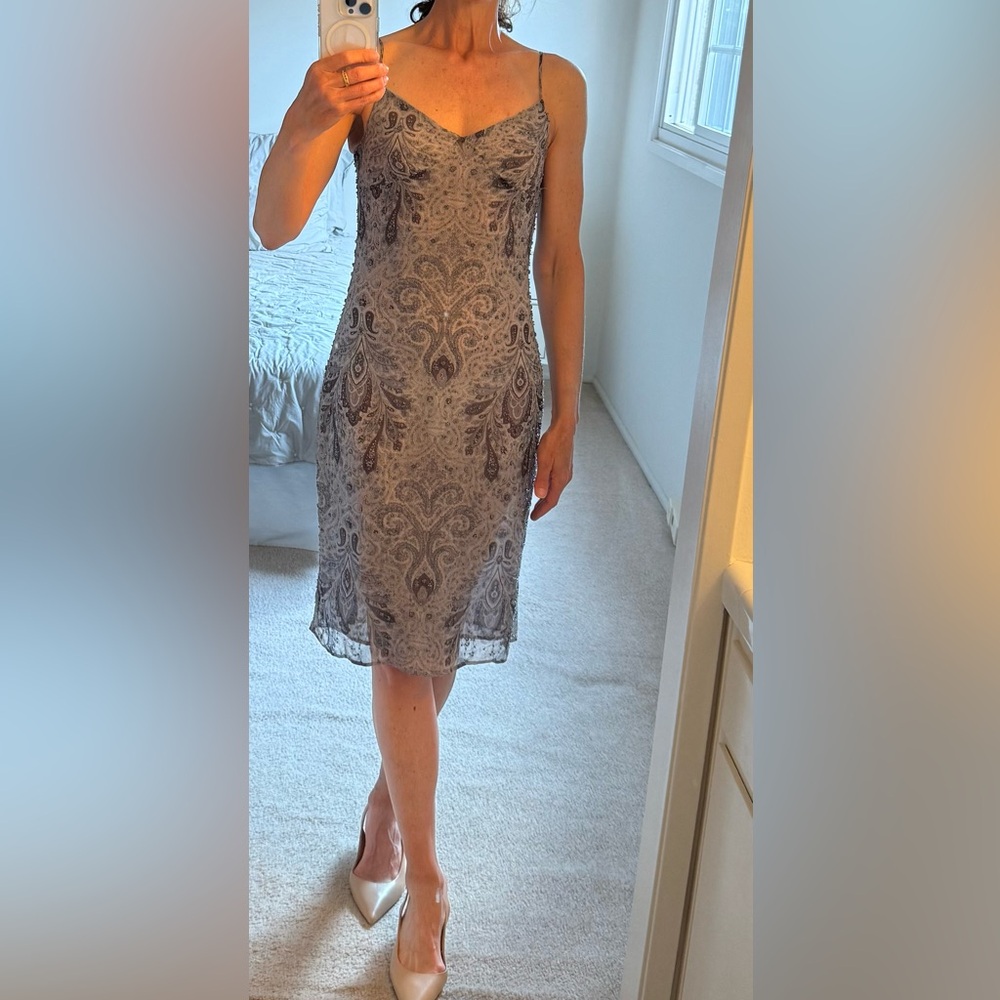 Vintage Silk Beaded Slip Dress and Crocheted Metallic Sweater